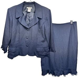 2 Piece Vintage Navy Blue Long Skirt & Waist Jacket Set Embossed Fabric Ruffles
